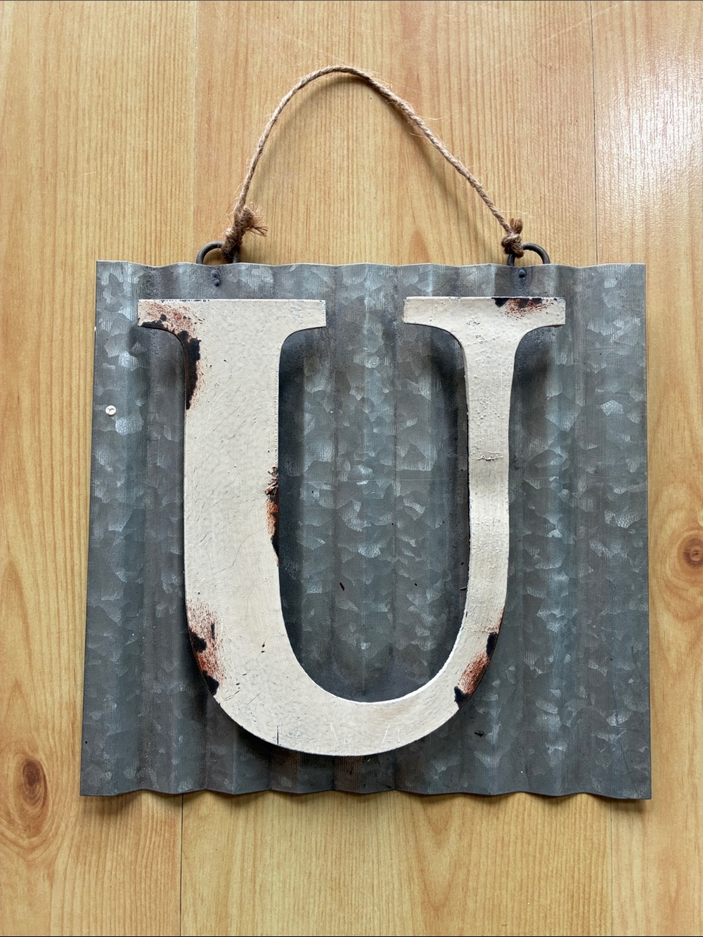 Rustic Letter U Wall Hanging - White on Galvanized Metal